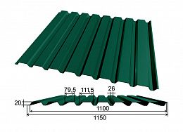 Профнастил С20 двухсторонний 1,14х1,5 м 0,5мм зеленый