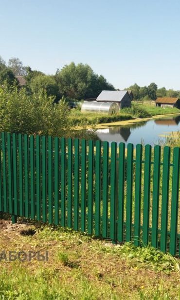 Фото забора из металлического штакетника зеленый мох, д. Сосновицы, Тверская обл.