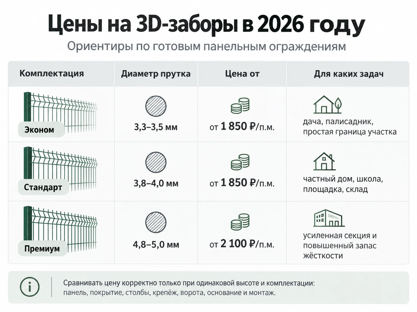 Инфографика: цены на 3D-заборы в 2026 году, эконом, стандарт и премиум