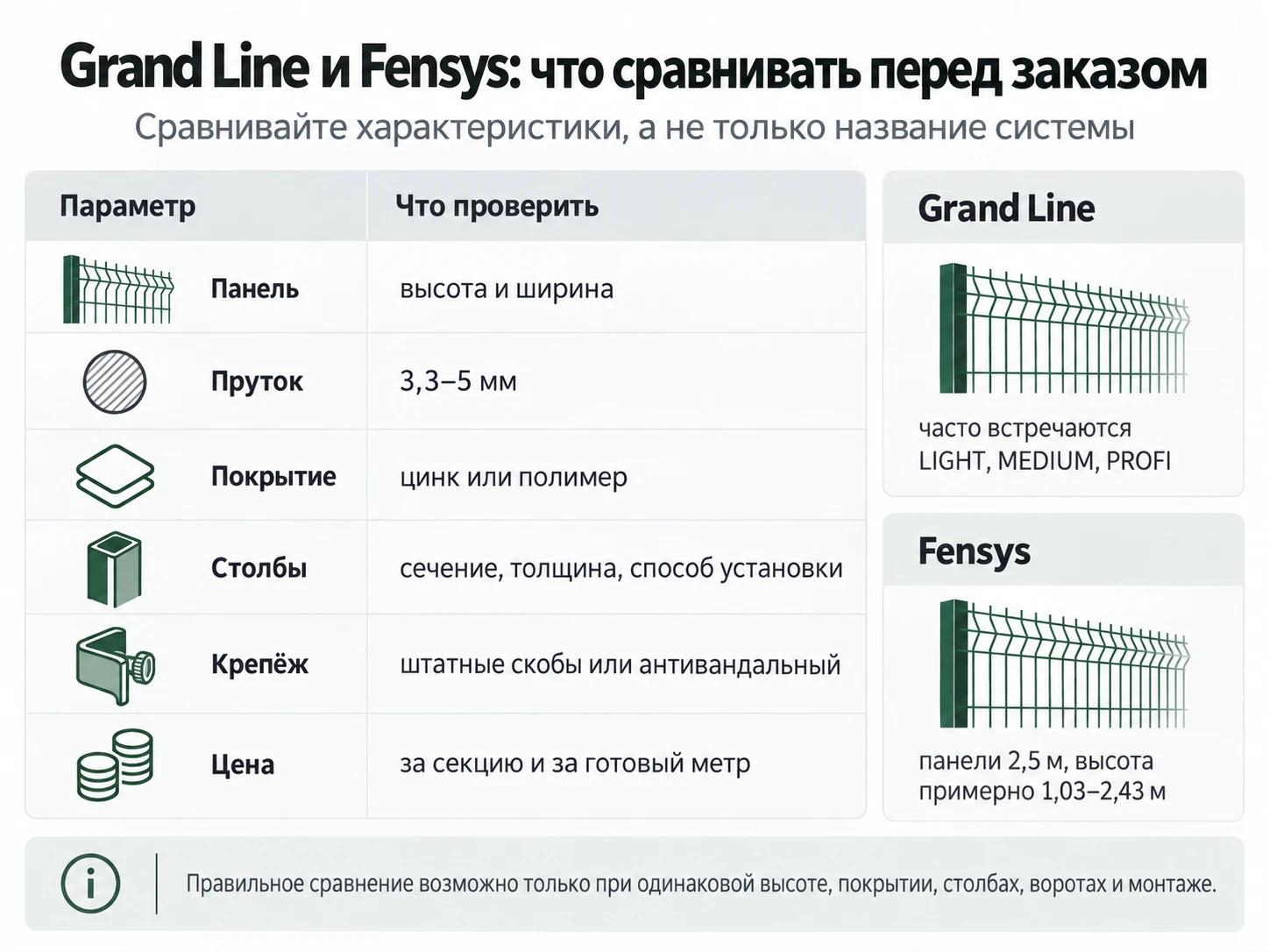 Инфографика сравнения 3D-заборов Grand Line и Fensys по панели, прутку, покрытию, столбам и крепежу