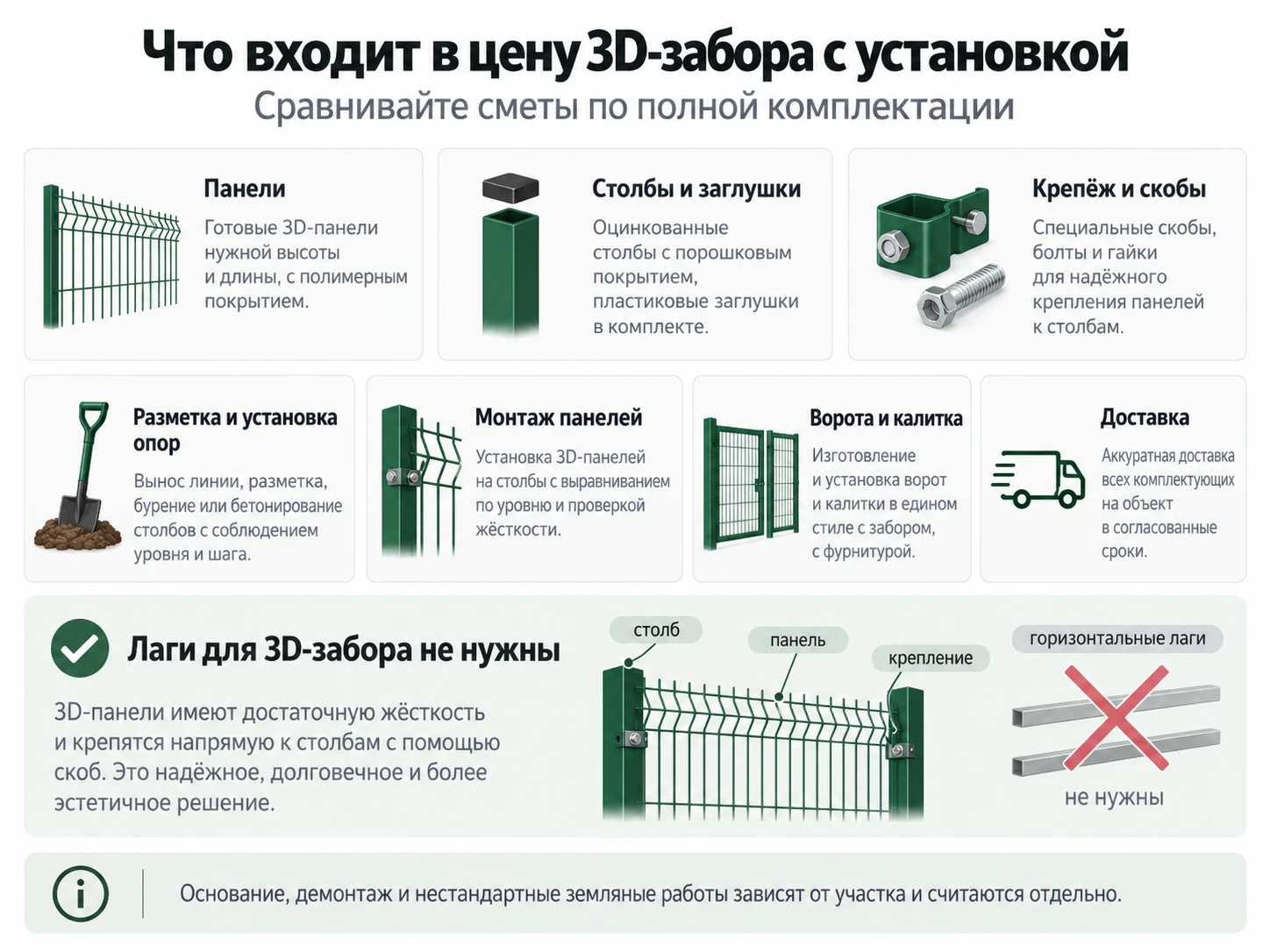 Инфографика: что входит в цену 3D-забора с установкой и почему горизонтальные лаги не нужны