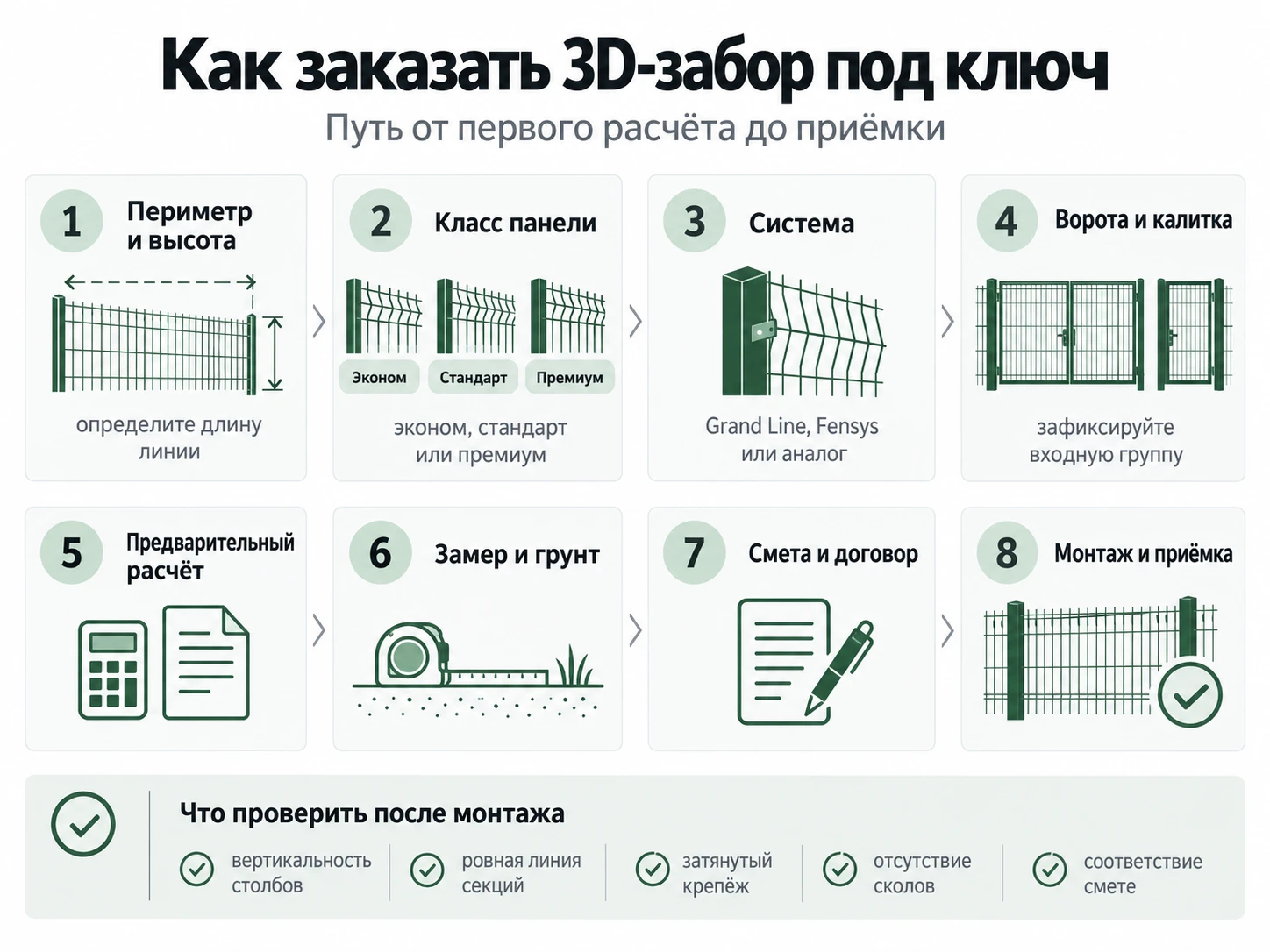 Инфографика: как заказать 3D-забор под ключ от расчета и замера до монтажа и приемки