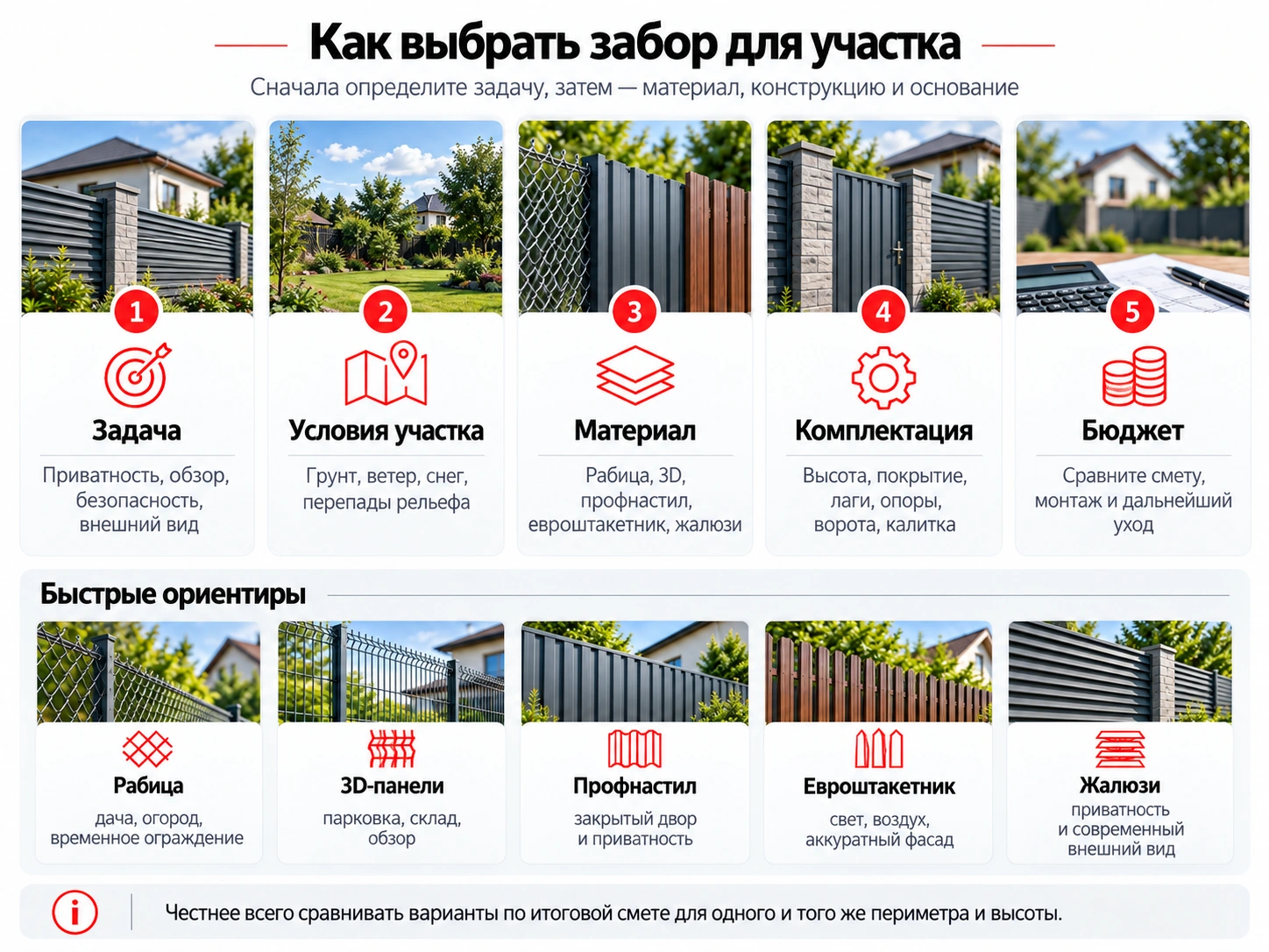 Инфографика как выбрать забор для участка по задаче, условиям, материалу, комплектации и бюджету