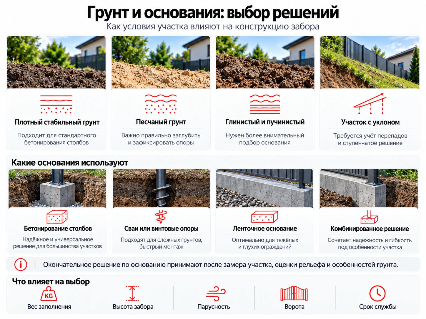 Инфографика выбор основания забора для разных типов грунта