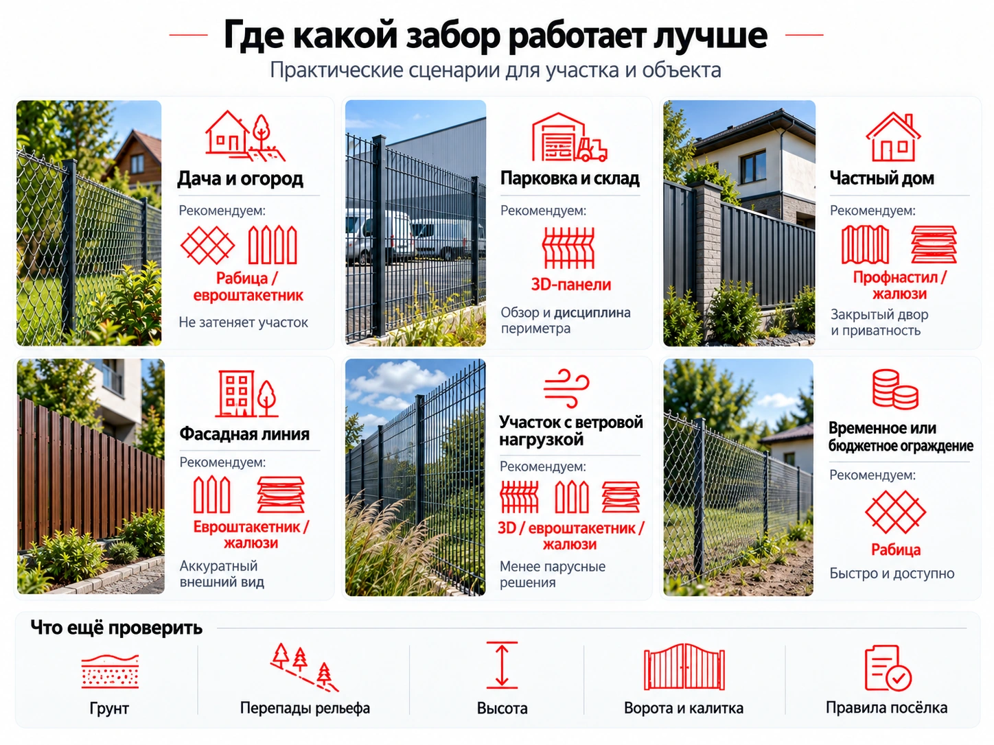 Инфографика какой тип забора подходит для дачи, склада, частного дома и других объектов