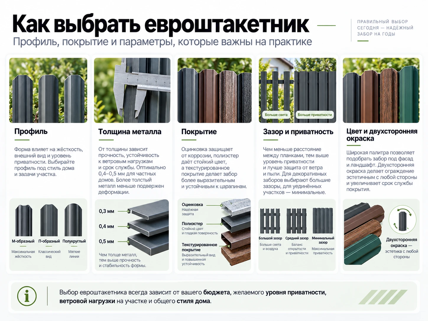 Инфографика о выборе профиля, толщины, покрытия, зазора и цвета евроштакетника