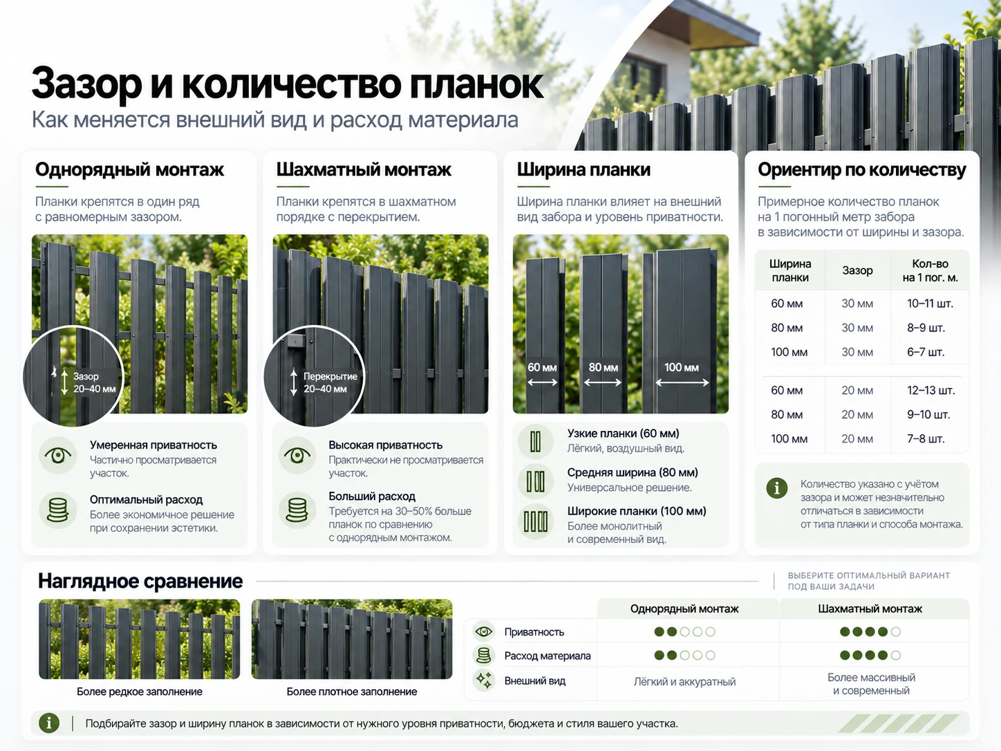 Инфографика о зазоре, ширине планок и количестве евроштакетника на погонный метр