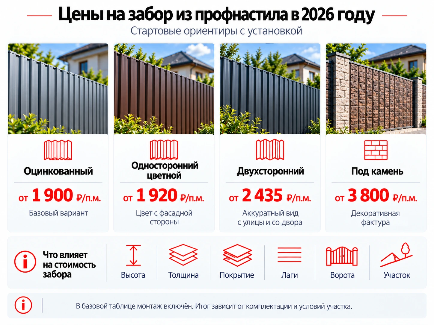 Инфографика: стартовые цены на заборы из профнастила в 2026 году