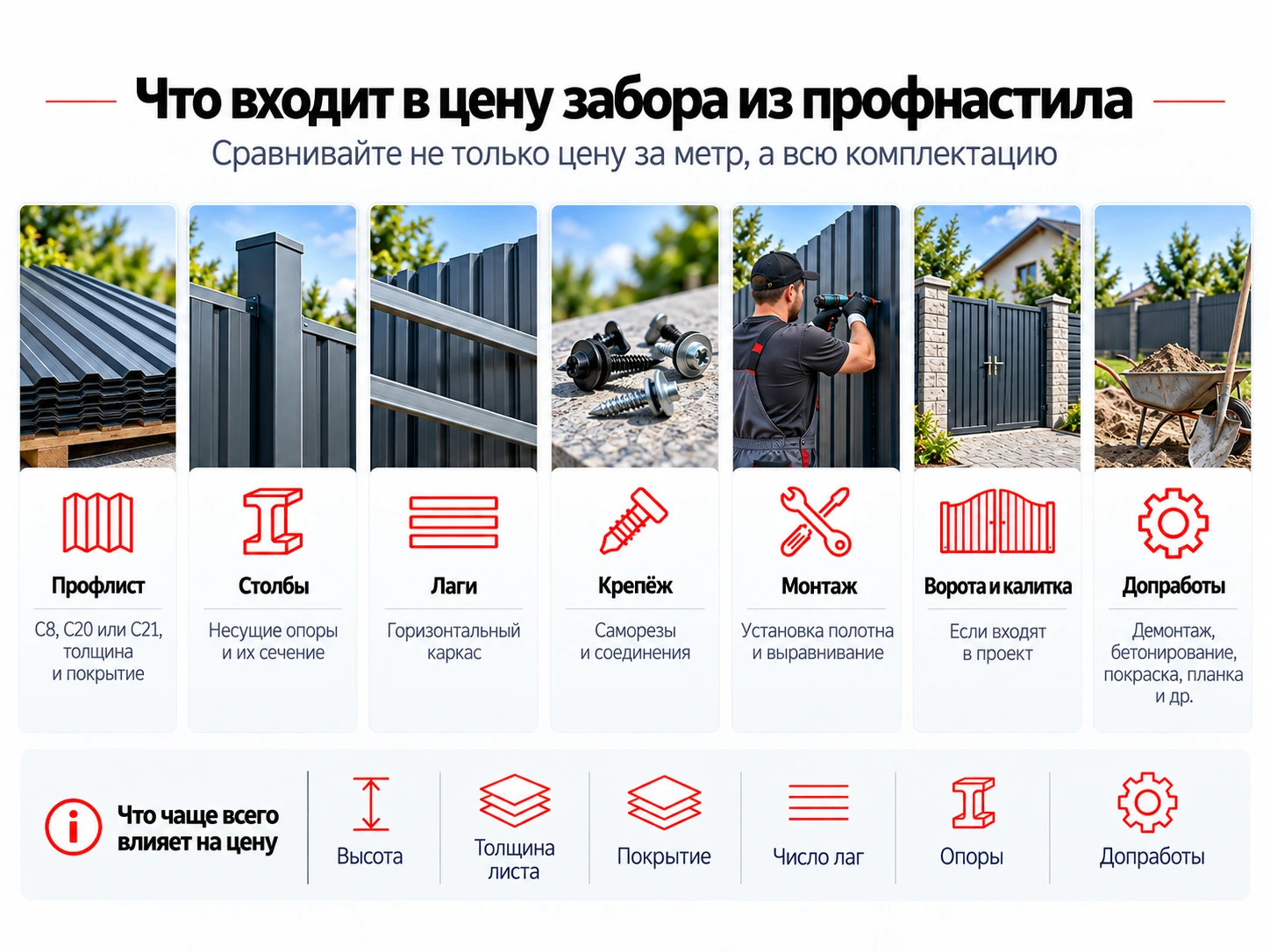 Инфографика: что входит в цену забора из профнастила с установкой