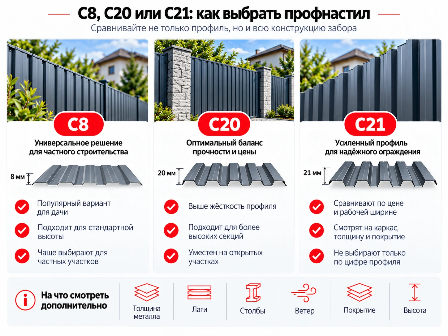 Инфографика: сравнение профнастила С8, С20 и С21 для забора