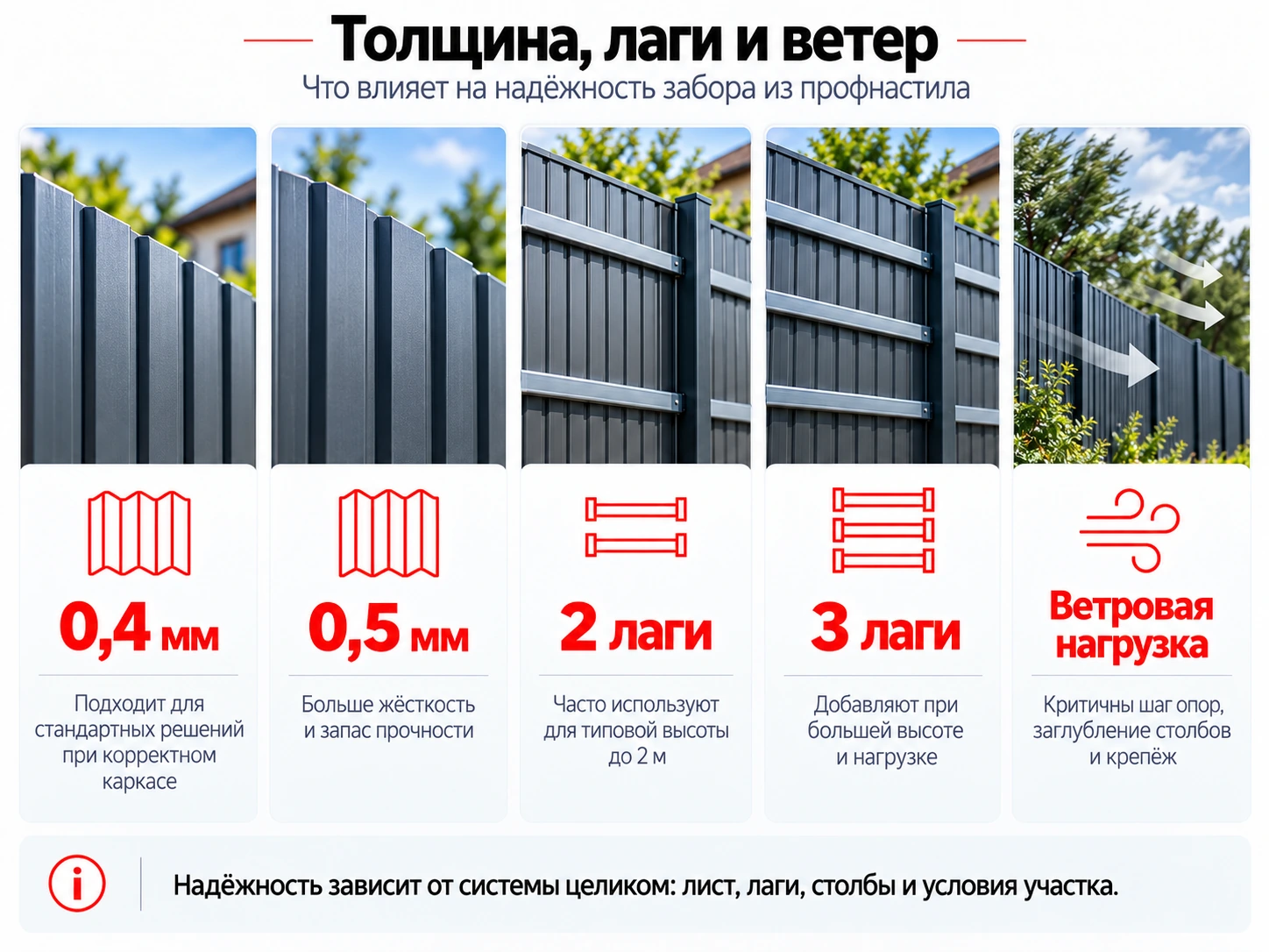 Инфографика: толщина профнастила, количество лаг и ветровая нагрузка