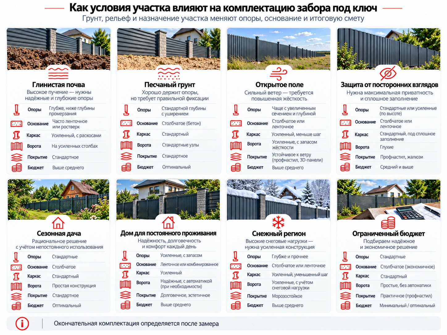 Инфографика: как условия участка влияют на комплектацию забора под ключ