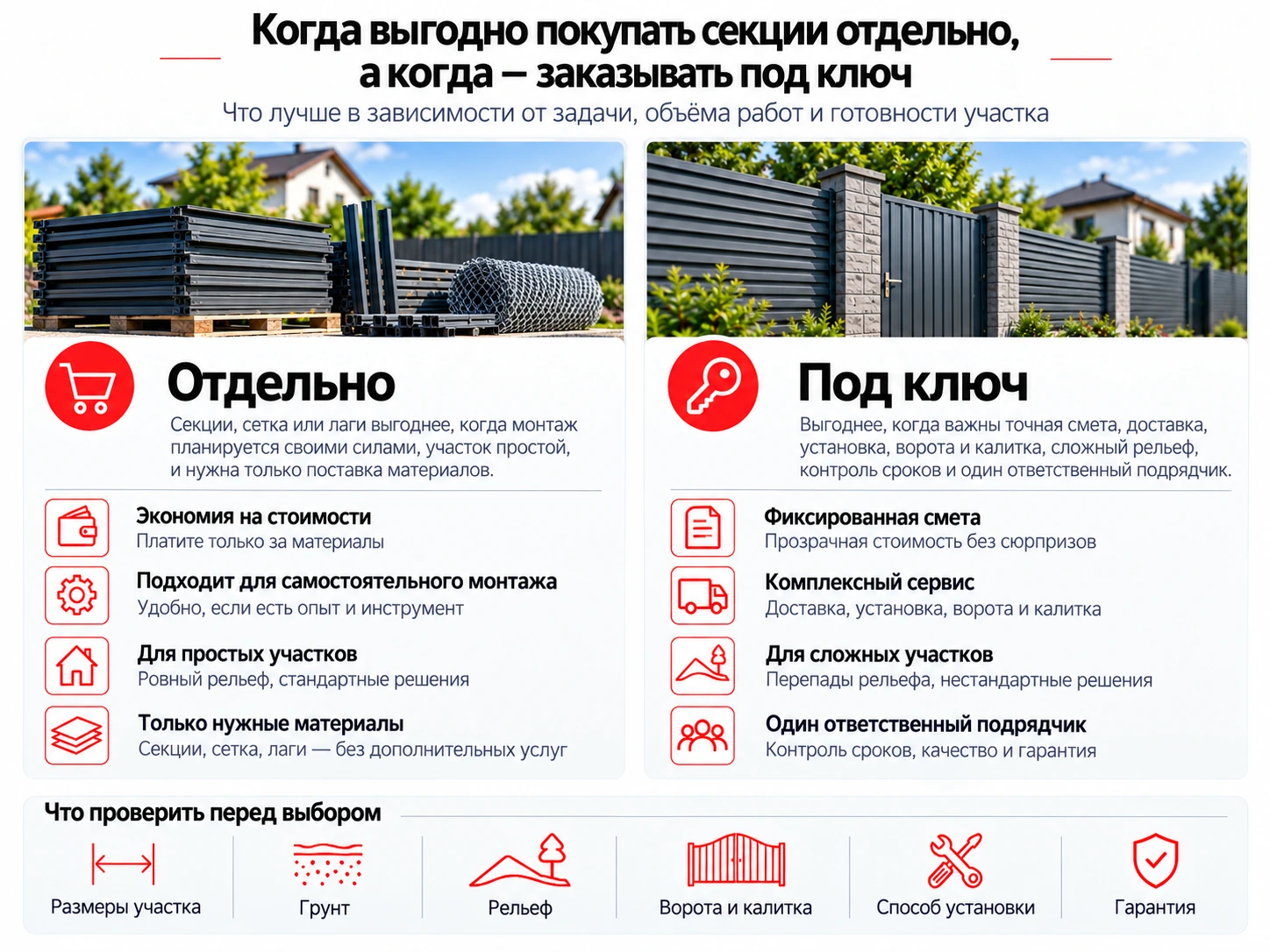 Инфографика: когда выгодно покупать секции отдельно, а когда заказывать забор под ключ