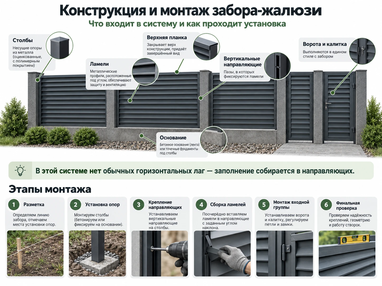 Инфографика: конструкция и монтаж забора-жалюзи